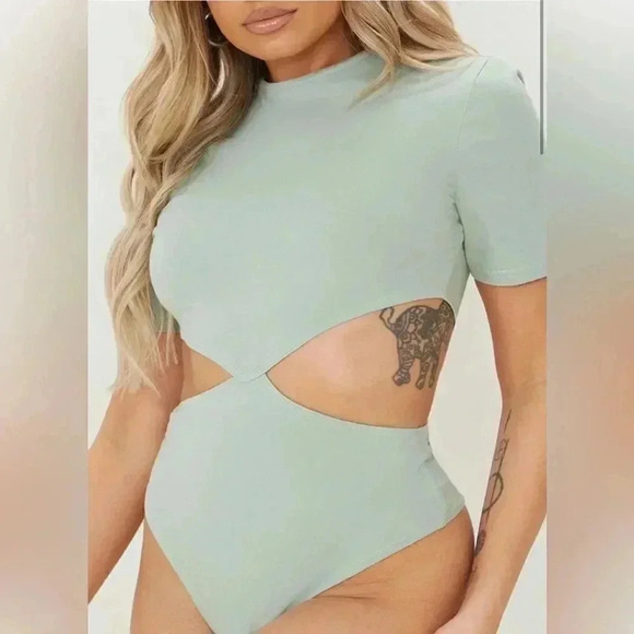 Petite Sage Green Cotton Cut Out Bodysuit - Picture 4 of 12